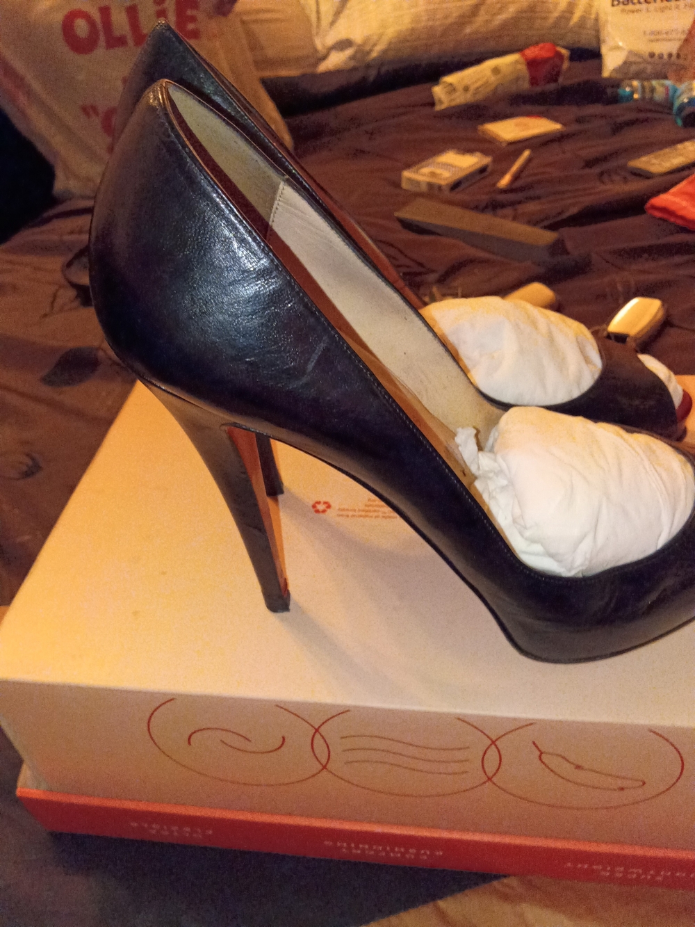 Christian Louboutin Black Leather Open Toe Stiletto Pumps